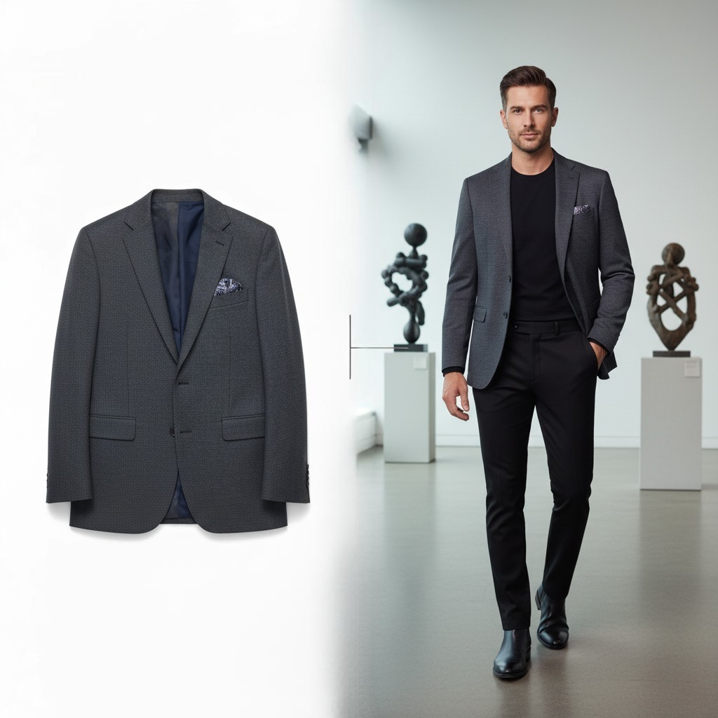 AI transformation comparison: flat lay clothing transforms into professional model wearing the same outfit, demonstrating Scene Weaver AI capabilities